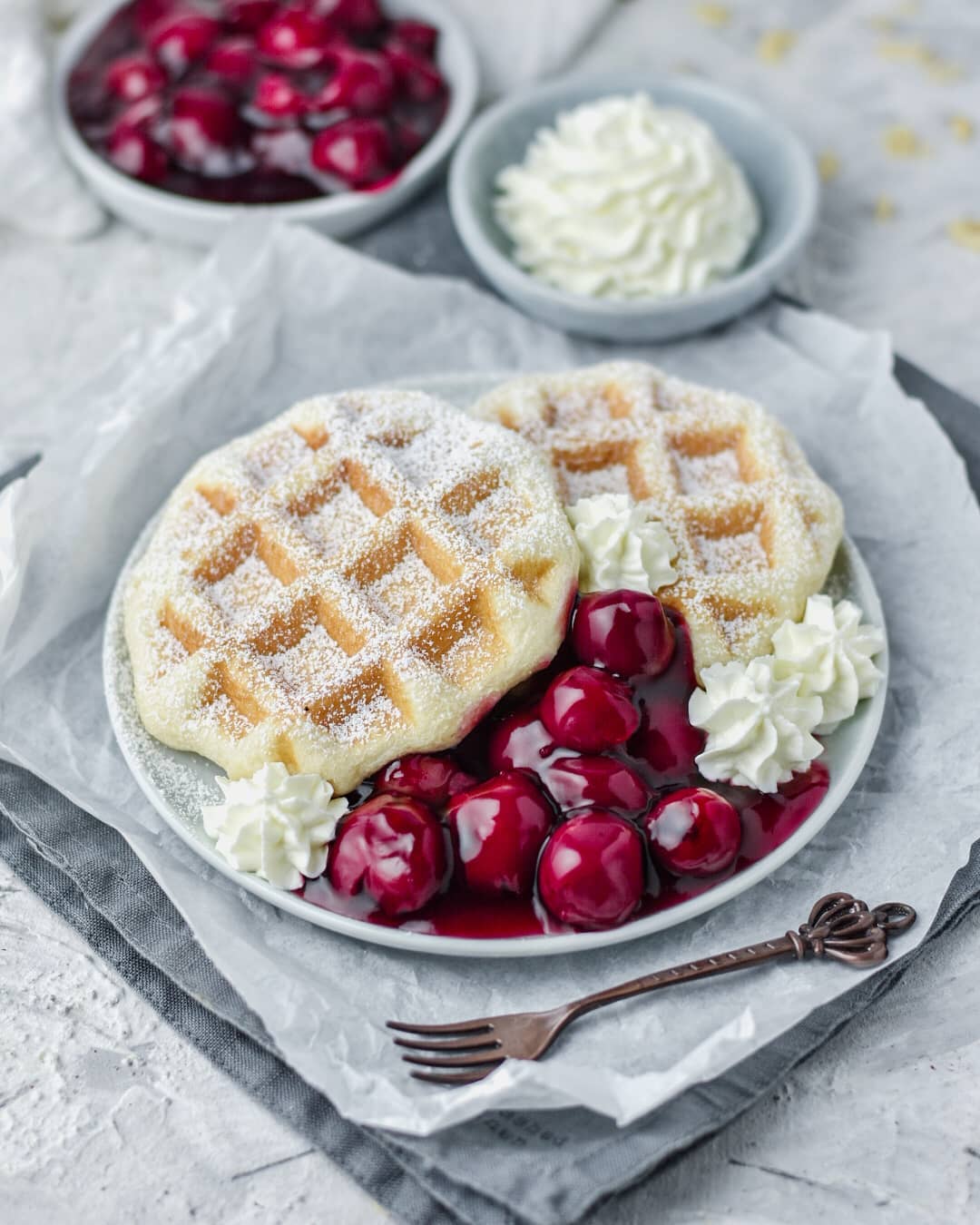 Protein Waffles With Hot Cherries And Cottage Cheese