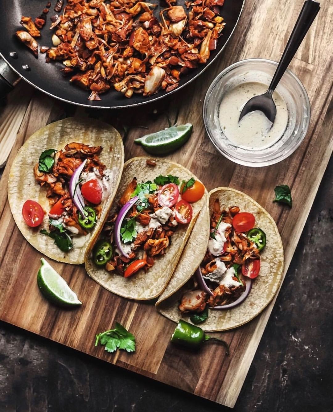 Jackfruit carnitas tacos… Jalapeno, red onion, tomato, cashew crema ...